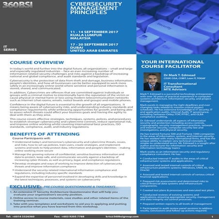 Cybersecurity Management Principles, 11 - 14 Sept 2017 KL, Malaysia / 17 - 20...