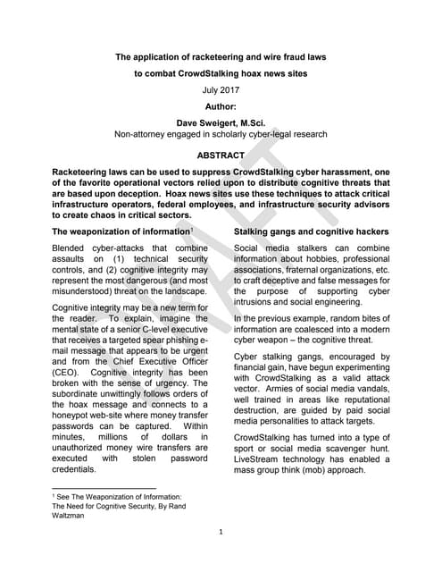 Application of Racketeering Law to Suppress CrowdStalking Threats