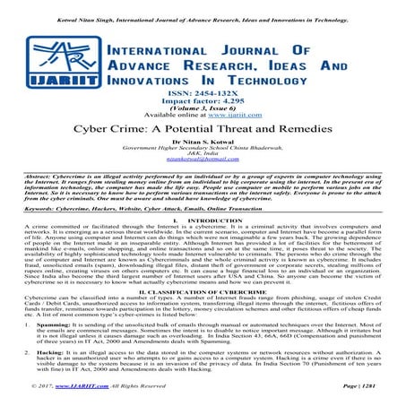 Cyber crime a potential threat and remedies