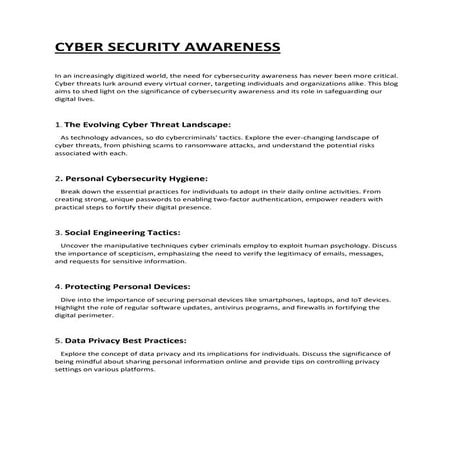 CYBER SECURITY AWARENESS AND CYBER RESILIENT FUTURE | PDF