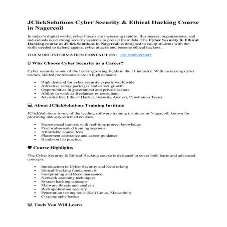 Cyber Security & Ethical Hacking course in nagercoil | DOCX