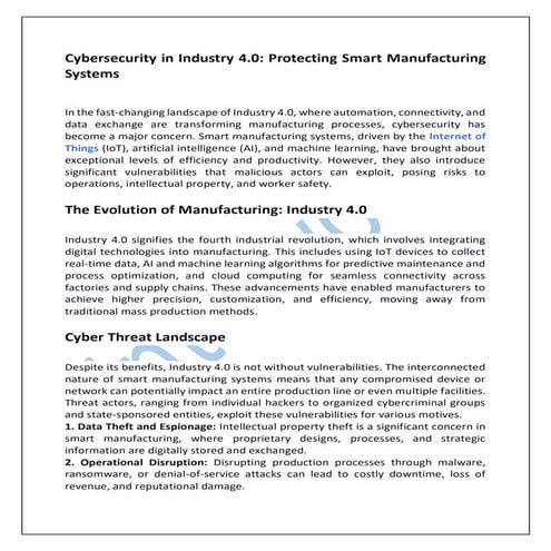 Cybersecurity in Industry 4.0: Protecting Smart Manufacturing Systems | PDF