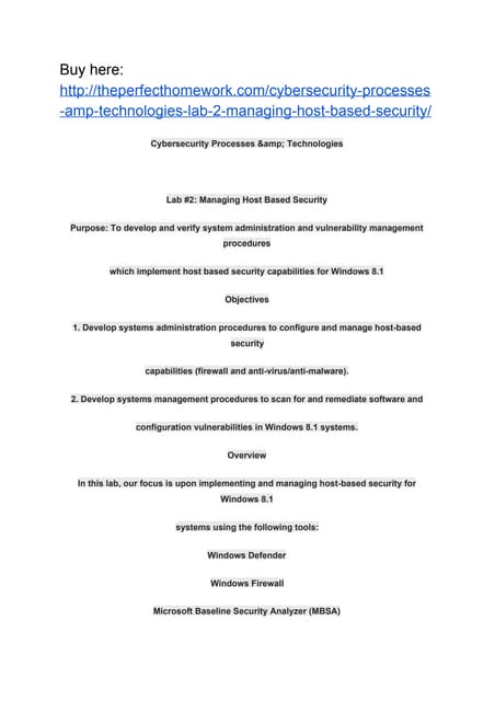 CYBERSECURITY PROCESSES &AMP; TECHNOLOGIES LAB #2: MANAGING HOST BASED SECURITY