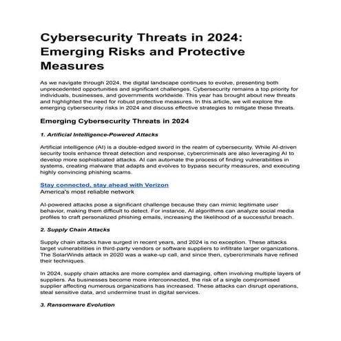Cybersecurity Threats in 2024- Emerging Risks and Protective Measures | PDF
