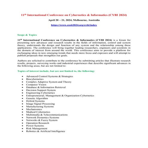 11th International Conference on Cybernetics & Informatics (CYBI 2024)