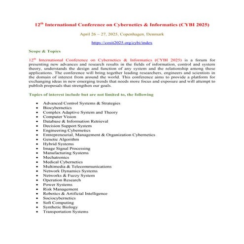 13th International Conference on Cybernetics & Informatics (CYBI 2026 ...