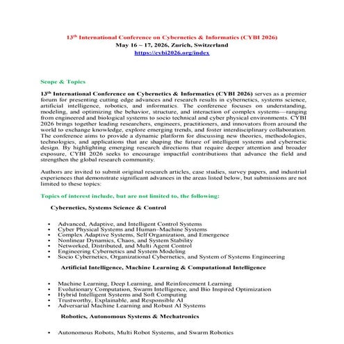 13th International Conference on Cybernetics & Informatics (CYBI 2026 ...