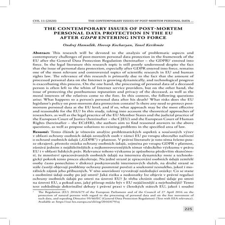 The Contemporary Issues of Post-Mortem Personal Data Protection in the EU after GDPR Entering Into Force