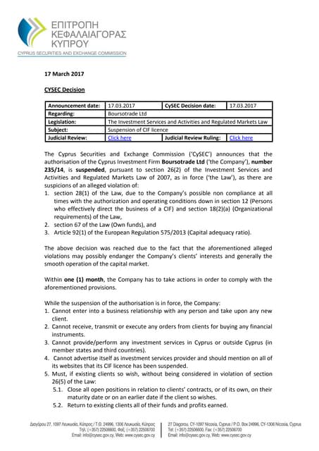 CySEC decision on temporarily suspending Forex broker Boursotrade