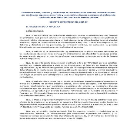 D.S nº 226-2015-EF Pago a docentes contratados