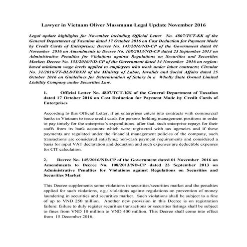 Lawyer in Vietnam Oliver Massmann Legal Update November 2016