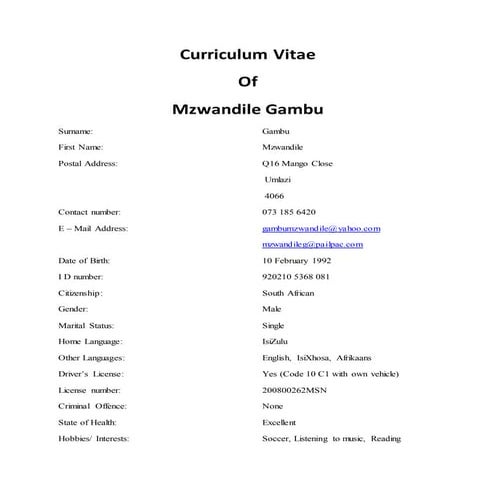 Curriculum Vitae MZAMO 2016 | DOCX