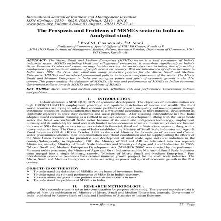 	The Prospects and Problems of MSMEs sector in India an Analytical study