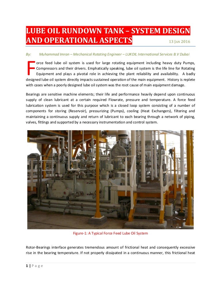 Lube Oil Rundown Tank System Design and Operational Aspects