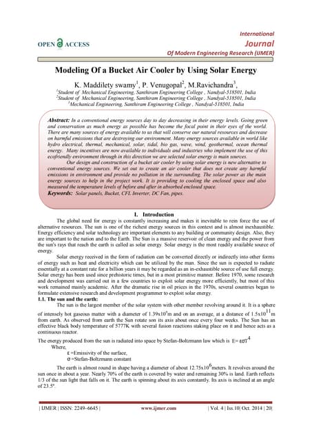 Modeling Of a Bucket Air Cooler by Using Solar Energy