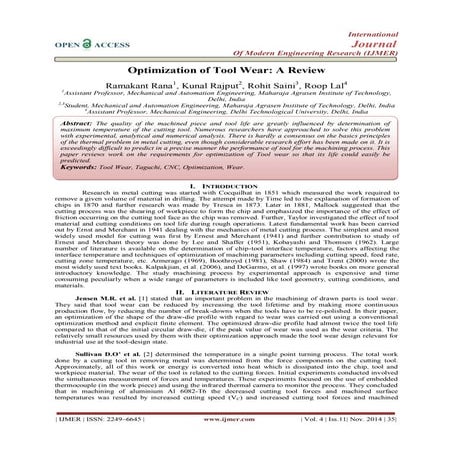Optimization of Tool Wear: A Review