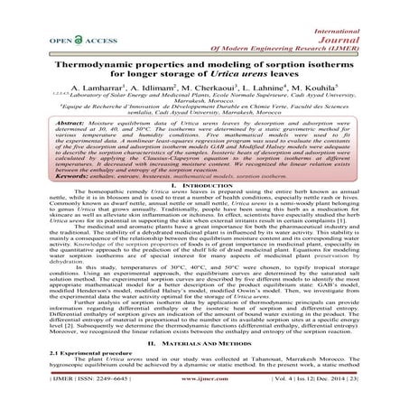 Thermodynamic properties and modeling of sorption isotherms for longer storag...