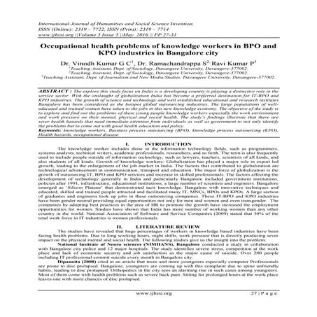 Occupational health problems of knowledge workers in BPO and KPO industries i...