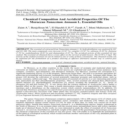 Chemical Composition And Acridicid Properties Of The Moroccan Tanacetum Annuu...
