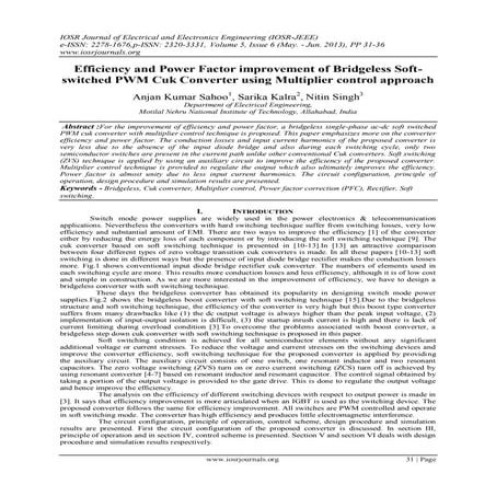 Efficiency and Power Factor improvement of Bridgeless Soft-switched PWM Cuk C...