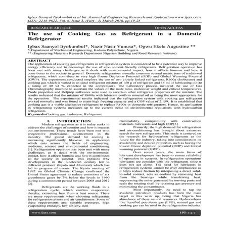 The use of Cooking Gas as Refrigerant in a Domestic Refrigerator