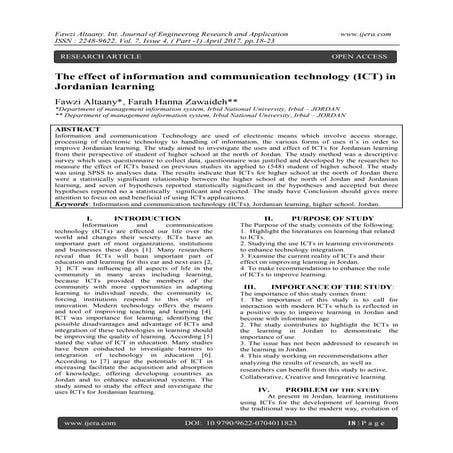 The effect of information and communication technology (ICT) in Jordanian lea...