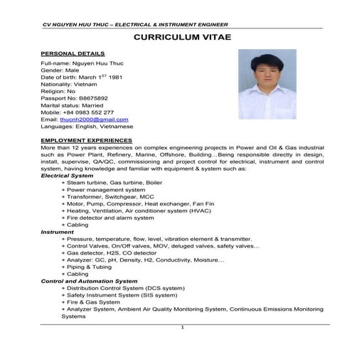 CV NGUYEN HUU THUC - ELECTRICAL & INSTRUMENT ENGINEER