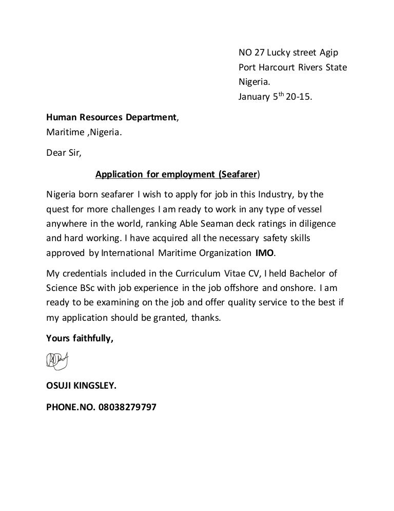 cover letter sample for seafarer