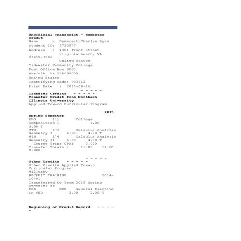 Unofficial Transcript