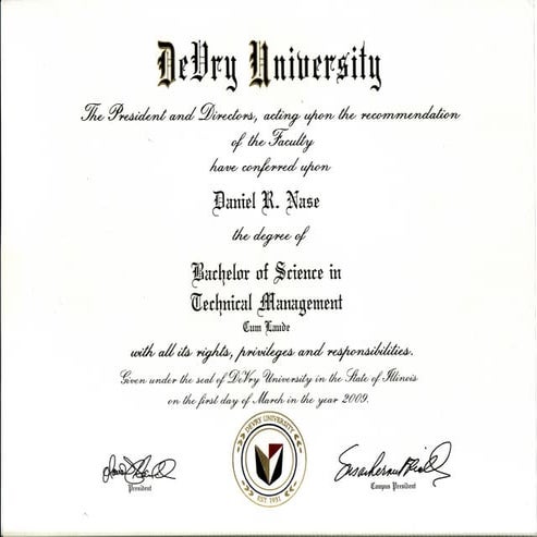 DeVry University Diploma Daniel Nase