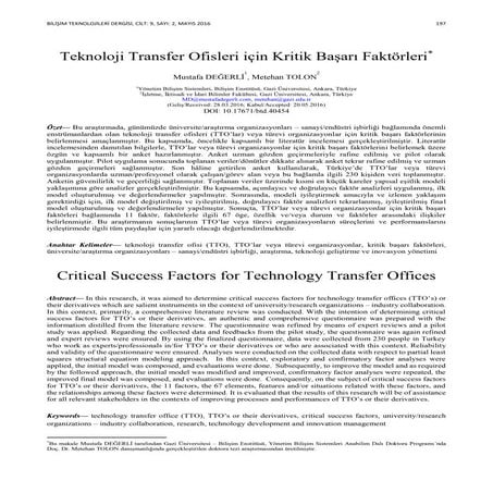 Teknoloji Transfer Ofisleri için Kritik Başarı Faktörleri