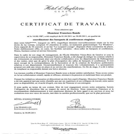 Certificat de travail - Hôtel d'Angleterre Genève - 2011