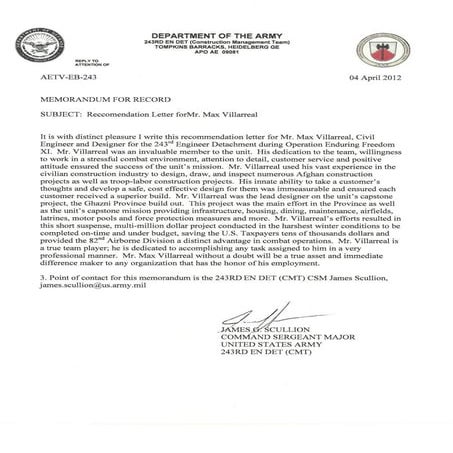 Max Afghanistan Reccomendation Letter