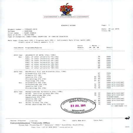 full academic record + proof of registration