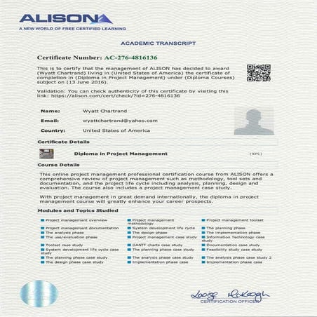 Project Management Course Academic Transcript_WC | PDF