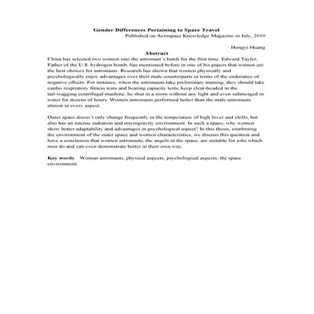 Gender Differences Pertaining to Space Travel（With ABSTRACT）