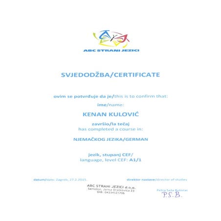 Svjedodžba Njemački jezik