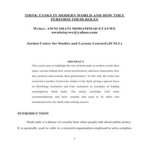 Think Tanks Role And Function By Awni Shati Etaywe 2015 Pdf