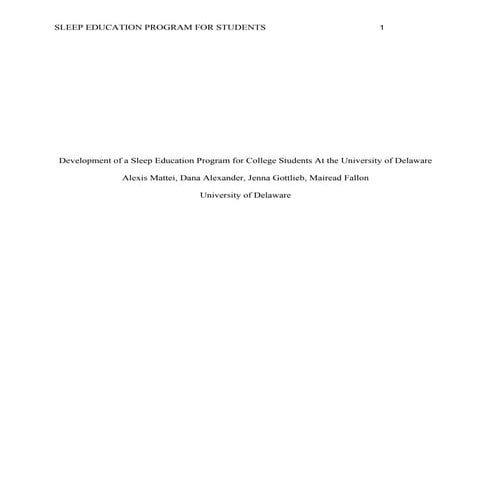 Development of a Sleep Education Program for College Students at UD