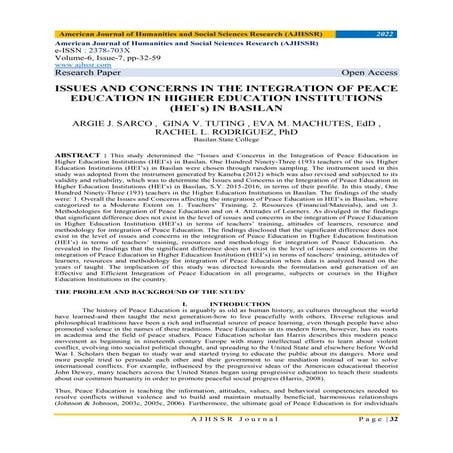 ISSUES AND CONCERNS IN THE INTEGRATION OF PEACE EDUCATION IN HIGHER ...