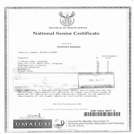 Zimkhitha Sokupha Matric Certificate