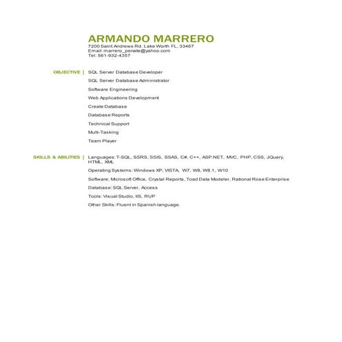 Armando Marrero Resume Sql Server Database Developer