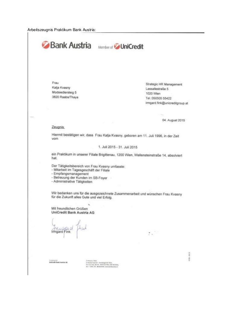 Arbeitszeugnis Praktikum Bank Austria