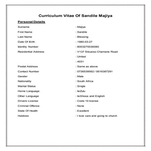 Curriculum Vitae Of Sandile or Pastorico 2 the good one