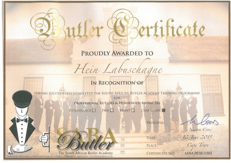 Hein Butler Certificate