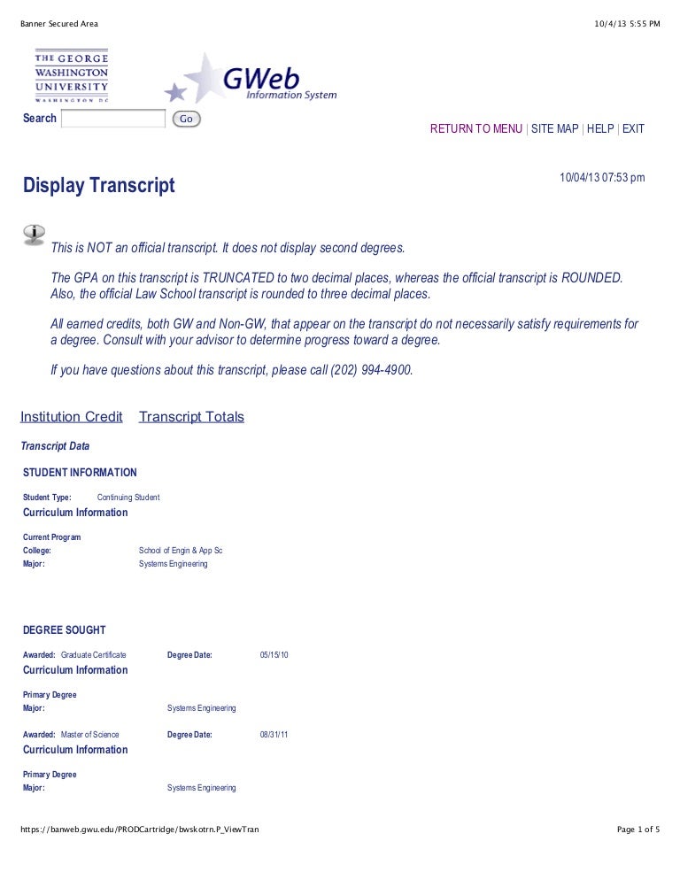 Gwu Unofficial Transcript