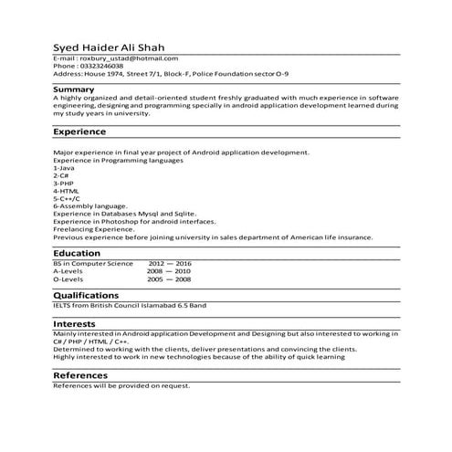 Syed Haider Ali Shah CV | DOCX