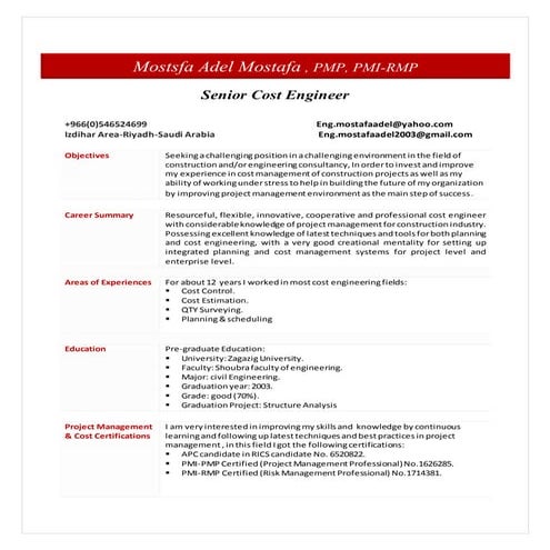 Senior Cost Engineer CV-1