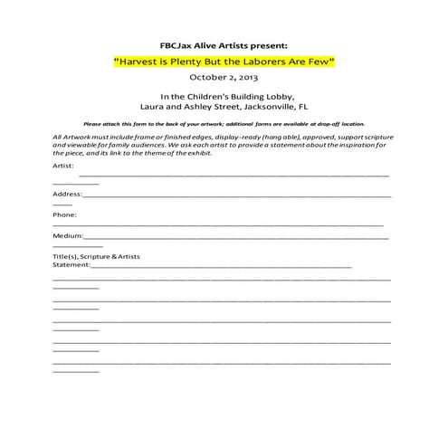FBCJax Alive Artists Release form ( September 2013) Harvest is Plenty ...
