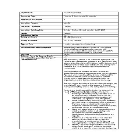 Head of management accounts - Insolvency Service